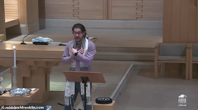 Rabbi Josh Franklin is seen giving a sermon to his congregation in East Hampton, New York.