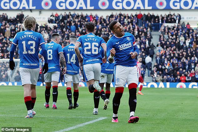 Rangers fell six points behind leaders Celtic after a comfortable 2-0 win over St Johnstone.