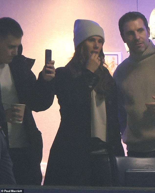 Nervous: Rebekah Vardy looked less than pleased on Tuesday as she watched her husband play Fulham at the King Power Stadium