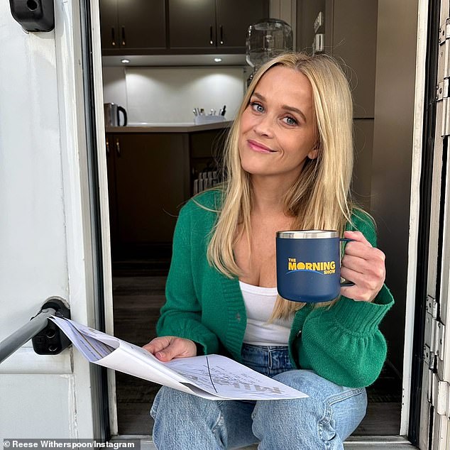 Raising her glass: Reese Witherspoon shared a behind-the-scenes moment from filming The Morning Show season three