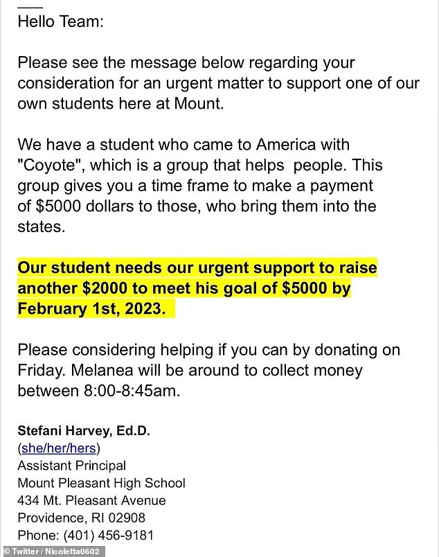 The assistant principal of a Rhode Island high school allegedly sent an email asking school staff to send donations to pay for 'coyote' fees to help smuggle them into the United States.