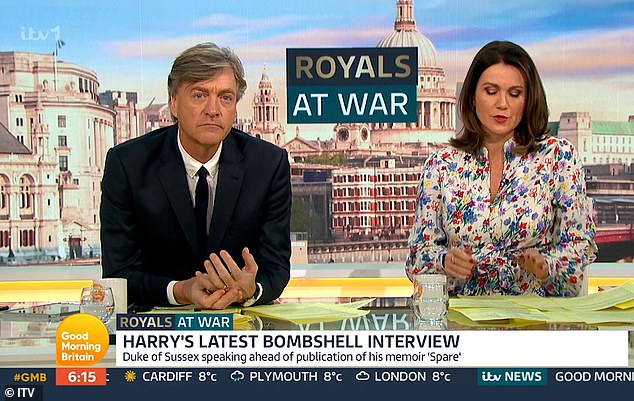 Not impressed: Richard Madeley slammed Prince Harry after he denied accusing the Royal Family of racism (pictured with co-host Susanna Reid on Monday's show)