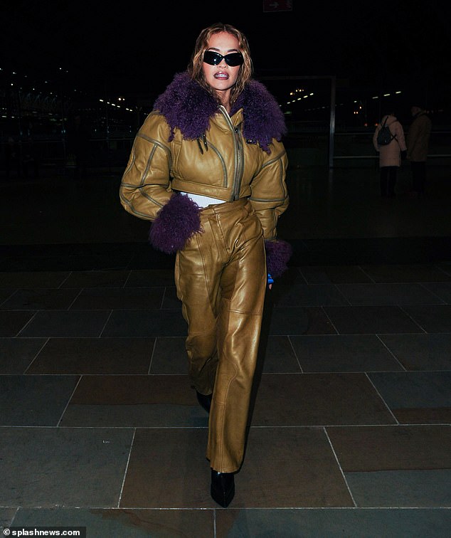 Chic: Rita Ora showed off her eclectic style on Thursday when she slid her figure into a pair of skintight £889 leather trousers and a matching £2,240 bomber jacket after Paris Fashion Week