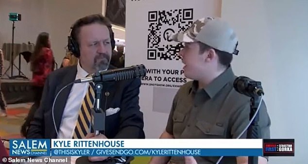 Kyle Rittenhouse (right) speaks with political commentator Sebastian Gorka on the America First podcast: 
