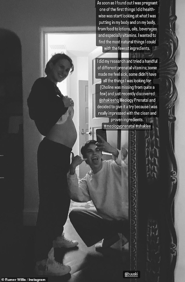 Baby joy: Bruce Willis and Demi Moore's daughter Rumer, 34, joyously showed off her blossoming baby bump in a photo with her little sister, Tallulah, 28