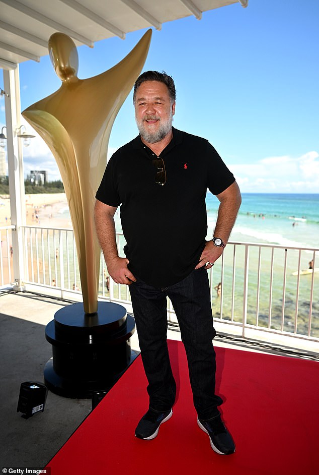 Russell Crowe, 58, (pictured) could barely hide the smile on his face as he spoke at the Gold Coast Academy of Film and Television Announcement on Saturday.