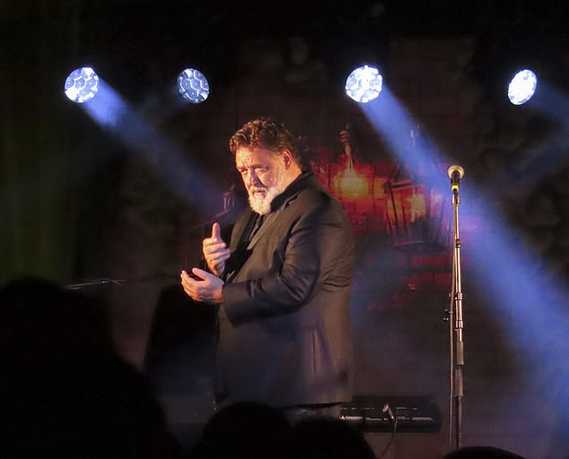 Russell Crowe proved that talent runs in the family on Monday when he took the stage at The Hoey Moey pub in Coffs Harbor with his son Charles.