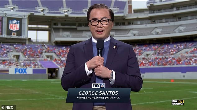 Bowen Yang playing George Santos as an NFL football reporter on Saturday Night Live