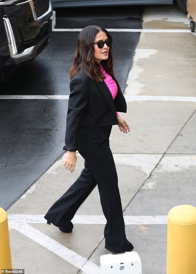 Looking stylish: Salma Hayek, 56, was dressed to the nines in a suit when she arrived for a taping of Jimmy Kimmel Live!  monday in hollywood