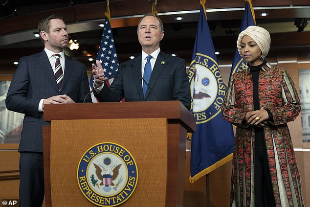 Representatives Eric Swalwell (left) and Adam Schiff (center) have been removed from the House Intelligence Committee, while Representative Ilhan Omar (right) is being threatened with a full vote to remove her from the House Foreign Affairs Committee.  They held a press conference on Wednesday to respond