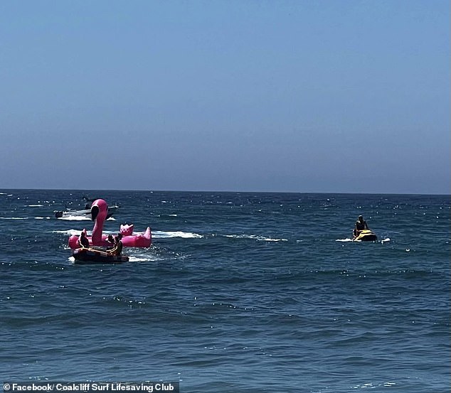 Five men were brought back to shore on Australia Day after their giant pink flamingo inflatable appeared to be having trouble.