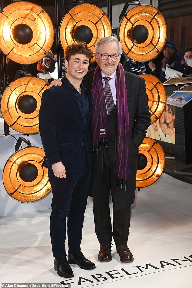 Premiere: Steven Spielberg looked in high spirits as he attended the London premiere of his film The Fabelmans alongside actor Gabriel LaBelle at The Curzon Mayfair on Wednesday.