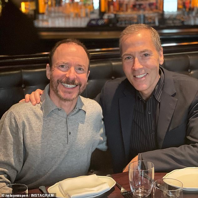 Showbiz reporter and author Nelson Aspen married his longtime partner Jonny in a low-key ceremony in New York.  Pictured: Nelson (right) and her new husband Jonny at their wedding breakfast