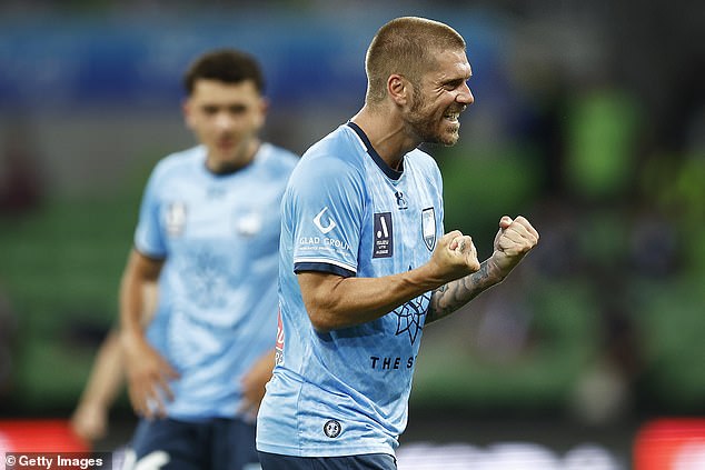 Luke Brattan of Sydney FC celebrates winning the A-League round 14 men's match between Melbourne Victory and Sydney FC at AAMI Park