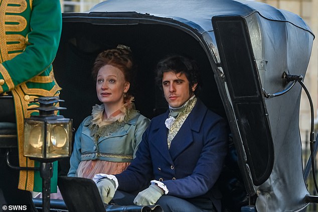 Exciting: Filming for the third series of Bridgerton is underway as the cast, dressed in their amazing Regency garb, were spotted out and about on Edward Street in Bath on Wednesday