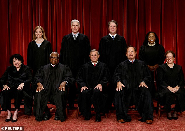 US Supreme Court justices were interviewed as part of the court's investigation into the leaked opinion: Seated (L-R): Justices Sonia Sotomayor, Clarence Thomas, Chief Justice John G. Roberts, Jr., Samuel A. Alito, Jr. and Elena Kagan.  Standing (L-R): Judges Amy Coney Barrett, Neil M. Gorsuch, Brett M. Kavanaugh and Ketanji Brown Jackson