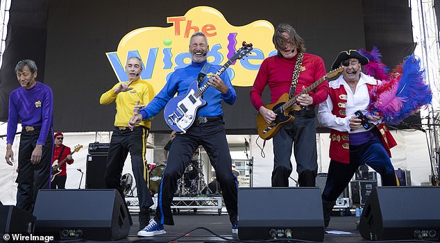 The original Wiggles line-up reunited on Saturday for a nostalgic performance at the Falls Festival in Fremantle, Western Australia.  Pictured left to right: Jeff Fatt, Greg Page, Anthony Field, Murray Cook, and Captain Feathersword (played by Paul Paddick)