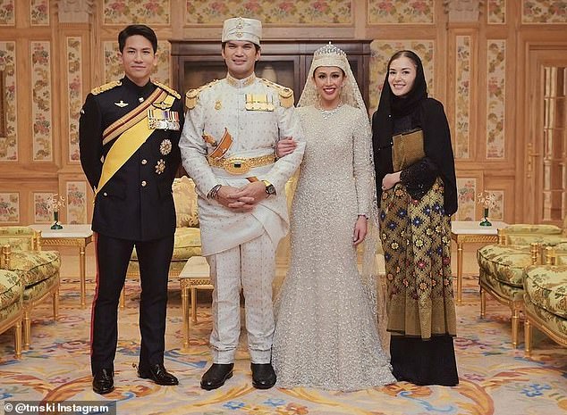 Newlyweds Princess Azemah of Brunei and her husband Prince Bahar ibni Jefri Bolkiah following their official wedding reception