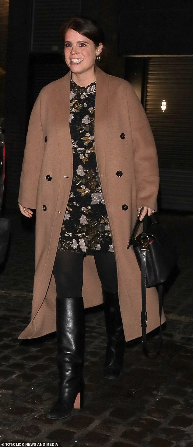 The pregnant Princess Eugenie showed off her growing bump when she went out to dinner at the Chiltern Firehouse in London.