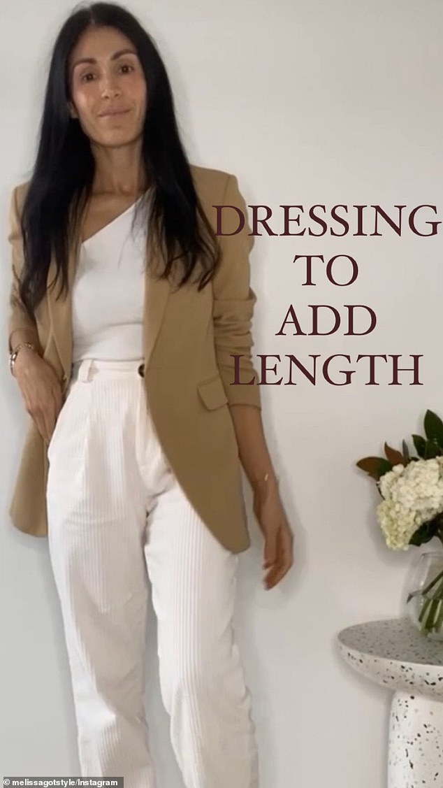 A fashion stylist has shared the simple tweaks she makes to her clients' fashion choices to add length and make them look taller (Melissa Murgana pictured)