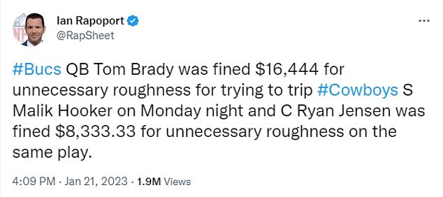 NFL Network's Ian Rapoport revealed that Tom Brady was fined $16,444 on Sunday.