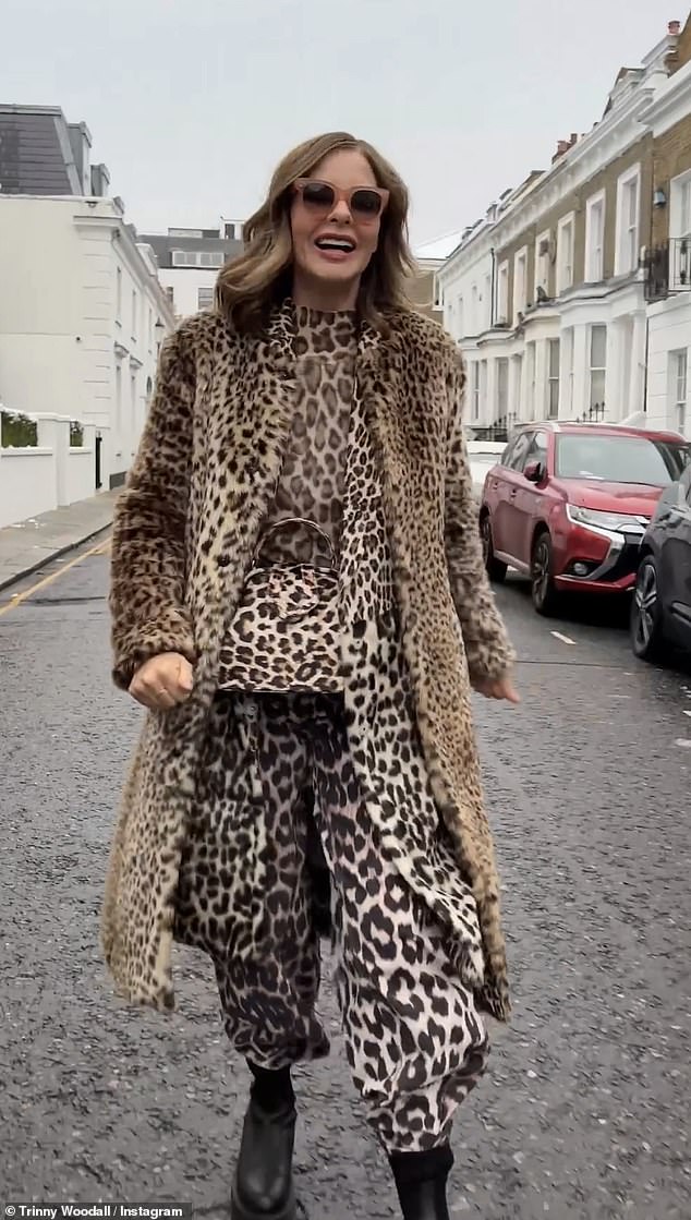 Daring: Trinny Woodall, 58, was head to toe in a clashing leopard print as she encouraged her fans to 'step out of their comfort zone' on Wednesday