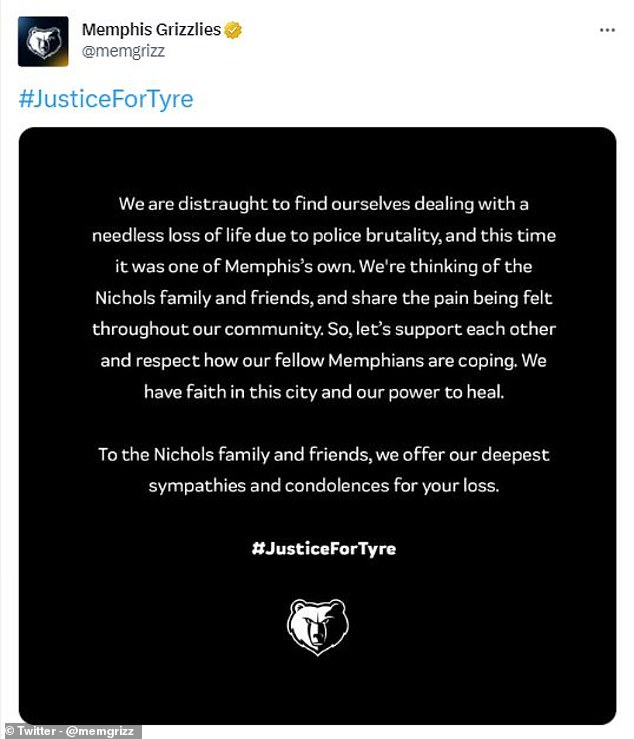 The Memphis Grizzlies have thrown their support behind 'one of their own' Tire Nichols after his death