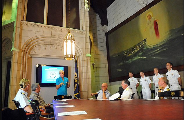 The US Merchant Marine Academy (USMMA) hid a painting of Jesus (right) hanging in an administration building after Military Foundation for Religious Freedom founder Michael ' Mikey' Weinstein, to send a letter on January 10 claiming it was 'unconstitutional'