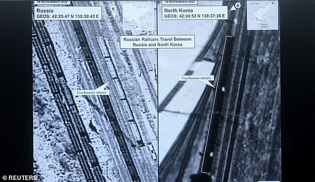 The White House released satellite photos that it said showed the delivery of rockets to Russia's Wagner Group from North Korea.