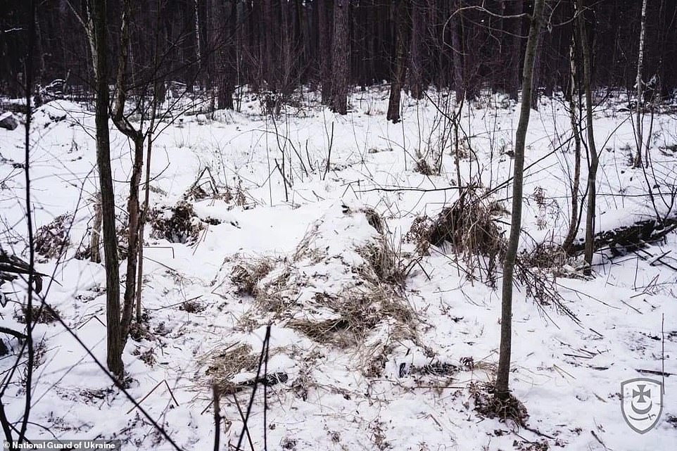 The series of three photos taken deep in the undergrowth will test your powers of observation and whether you would be fast enough to spot a murderer hidden in the wintry battlefields of Ukraine, before he was seen for the first time.