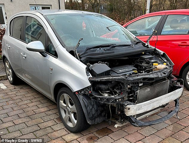 Hayley Grady, of Ratho, Edinburgh, woke up to find the front of her Vauxhall Corsa had been removed by thieves this morning