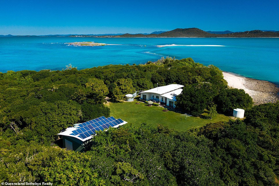 The idyllic island features a main house and also includes a caretaker's cottage and solar farm so owners don't have to pay expensive electricity bills.