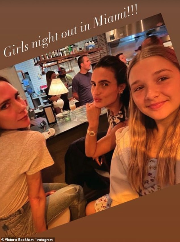 Girls night out: Victoria (left) joined her daughter Harper, 11 (right) and model friend Isabela Grutman, 30 (center) for a 'girls night out' in Miami on Sunday