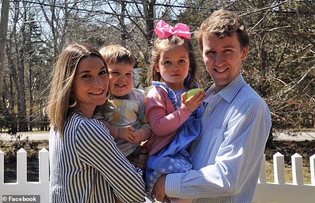 Lindsay Clancy, 32, is accused of killing her daughter Cora, 5 and son Dawson, 3, at the family home in Massachusetts and attacking baby Callan, who is eight months old. Pictured L-R: Lindsay, Dawson, Corey and husband Patrick