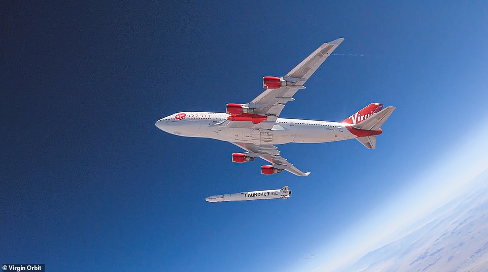 History is minutes away from been made tonight as Britain enters the dawn of a new era in space with the first ever orbital launch on UK soil. Virgin Orbit's specially-adapted 747 jumbo jet (pictured) with a rocket attached to its belly is about to take off from Cornwall Spaceport