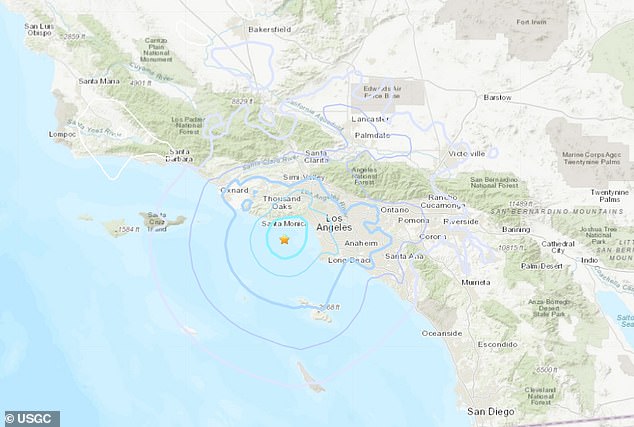 Pictured: A map showing where the earthquake occurred near Los Angeles.  The alerts said the quake struck at about 2 a.m. Wednesday, 28 miles southwest of Los Angeles and about 10 miles south of the Malibu coast.