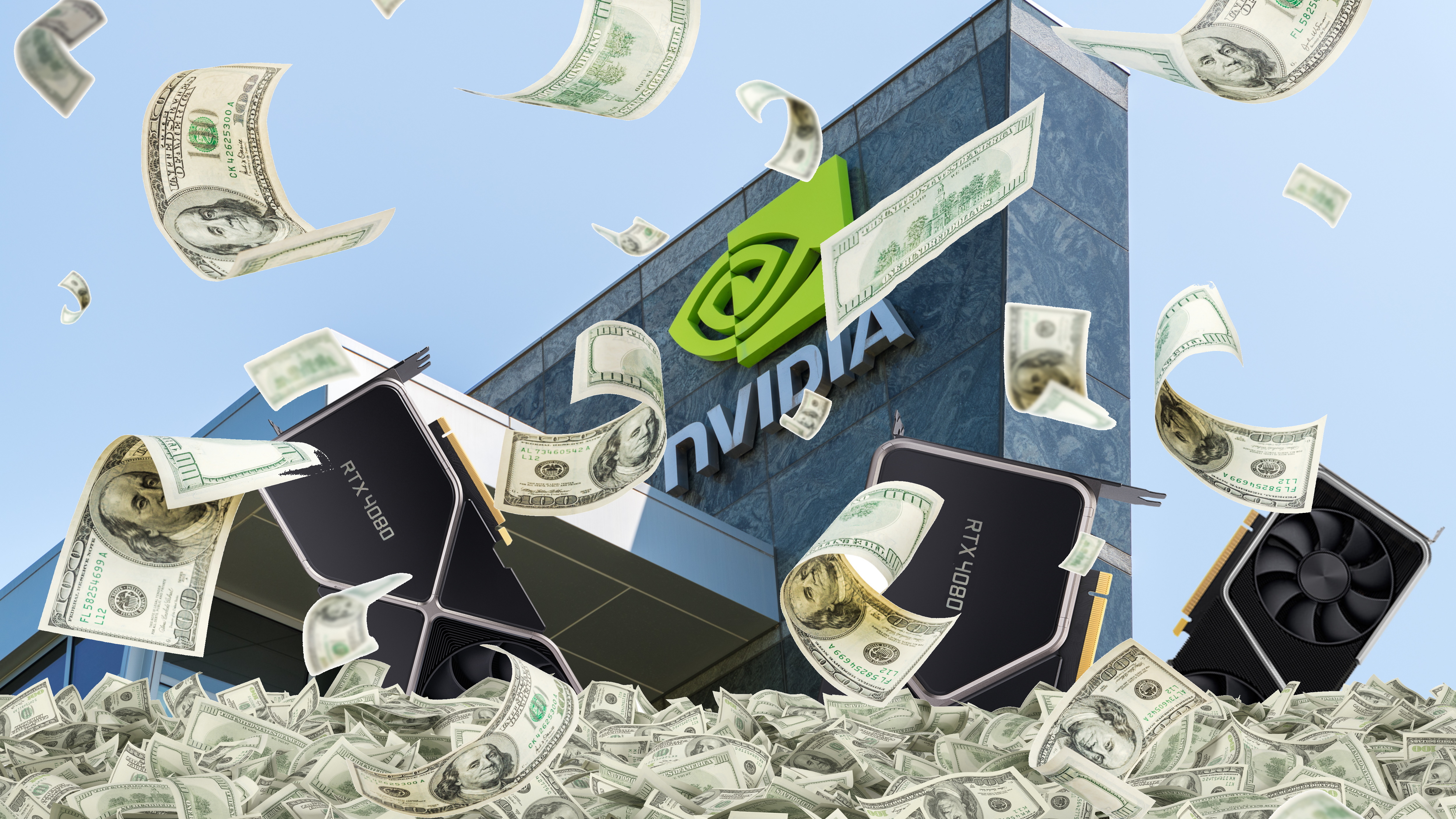 A very subtle picture of money falling in front of Nvidia headquarters as GPUs pop out