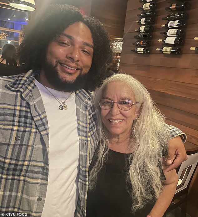 The victim, Dilma Franks-Spruill, 71, was stabbed to death in the early hours of Wednesday morning, pictured here with her son.