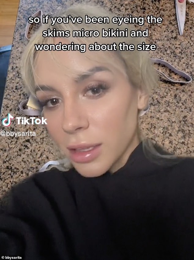 A TikToker using the username @bbysarita posted a video showing the actual size of the SKIMS micro bikini and matching bottom.  The filling was the size of three tortilla chips.