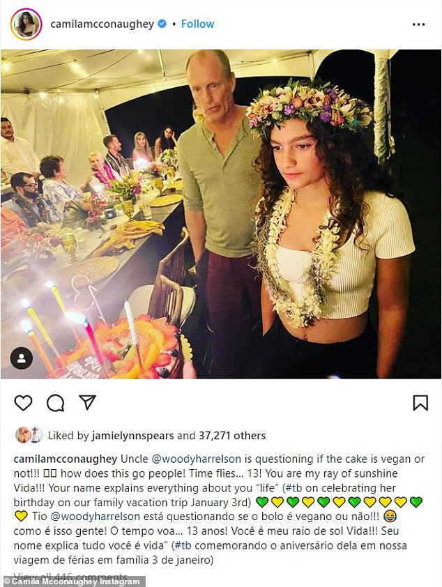 Having fun: Woody Harrelson comically snapped Matthew McConaughey's daughter Vida at her 13th birthday party in a post by her model mom Camila Alves on Monday