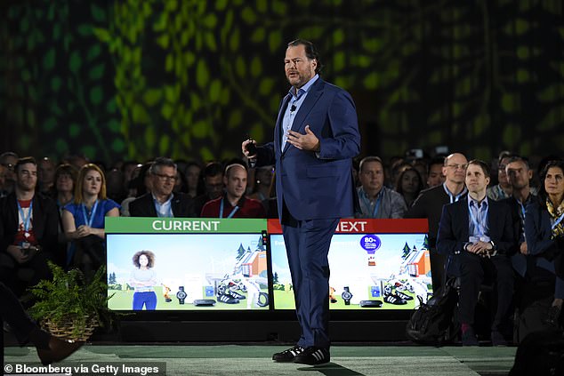 Benioff is pictured at the 2017 Dreamforce rally