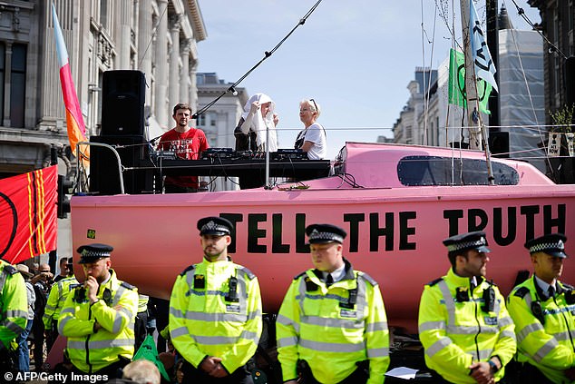 In April 2019, Thompson was on a boat at a crossroads in Oxford Circus with climate activists