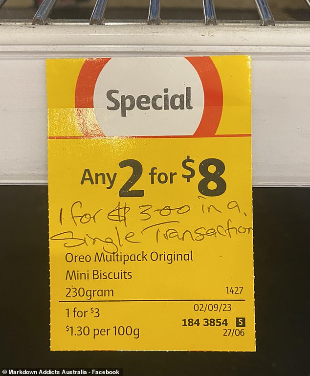 Earlier this year, another Coles shopper noticed a mistake on a discount ticket.  Multipacks of Oreo Mini Biscuits cost $8 for two.  Upon closer inspection, the customer pointed out that the product cost $3 each in one transaction and wrote on the label (photo)