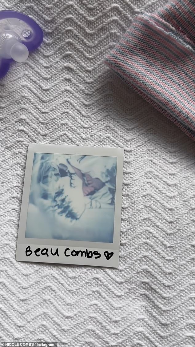 Beau: The couple posted a cute joint clip of a hat, a pacifier and a Polaroid photo.  As the image slowly developed and the baby's feet became visible, Nicole wrote his name with a marker