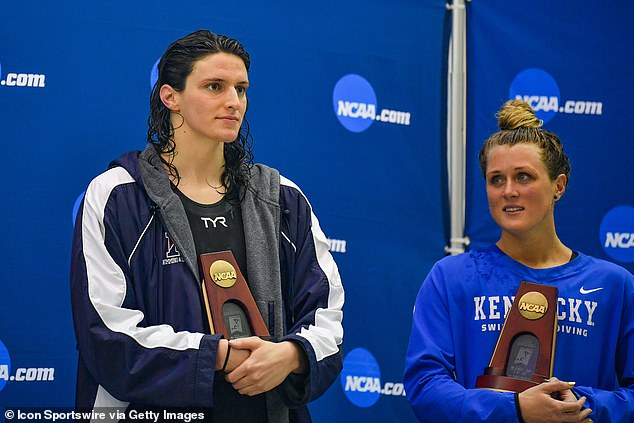 University of Pennsylvania swimmer Lia Thomas and Kentucky swimmer Riley Gaines react after finishing tied for 5th in the NCAA 200 freestyle final on March 18, 2022