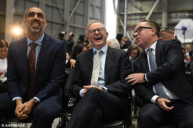 Opposition leader Peter Dutton took aim at the close relationship on Friday accusing the men of being 'too close' (Photo: Mr Albanese and Mr Joyce at a Qantas event in August)