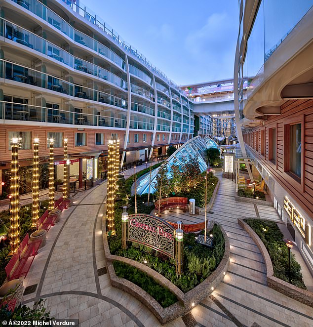 This photo shows the central deck of the Wonder of the Seas, one of 18 decks on board