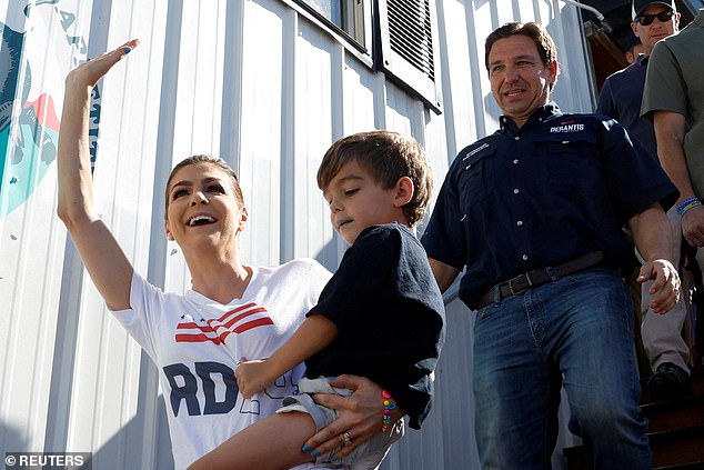 Casey DeSantis, wife of Republican presidential nominee Ron DeSantis, waves as he appears for a 