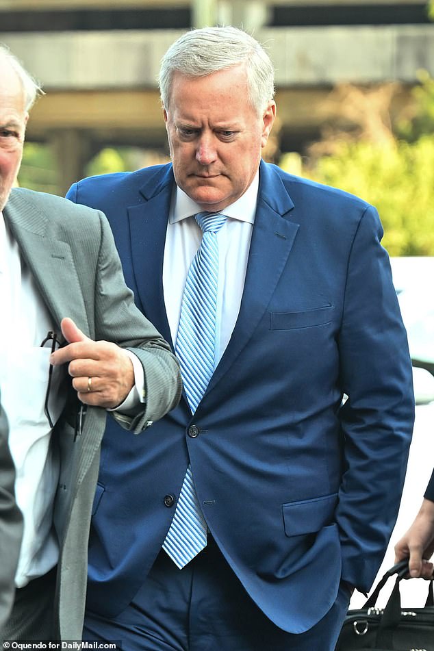 Co-defendant Mark Meadows (pictured arrived Monday at the Fulton County Courthouse, where he sought to move his 2020 election subversion case from Georgia to federal court, where jurors may be more forgiving