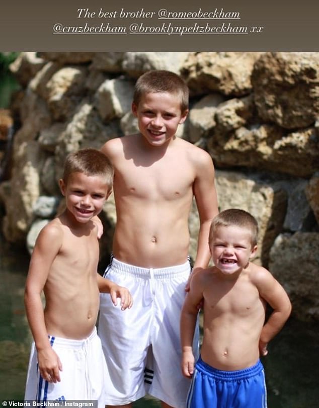 Siblings: Along with his brother's Brooklyn, 24, and Cruz, an adorable throwback showed them grinning on the beach